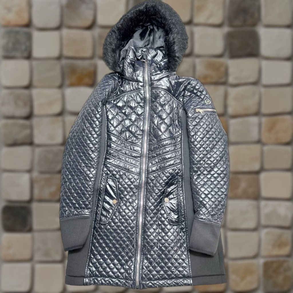 Michael Kors Michael Kors Quilted Coat Womens Small Blue Nylon Lined Faux Fur Trim Hooded Coat Size S / US 4 / IT 40 - 1 Thumbnail