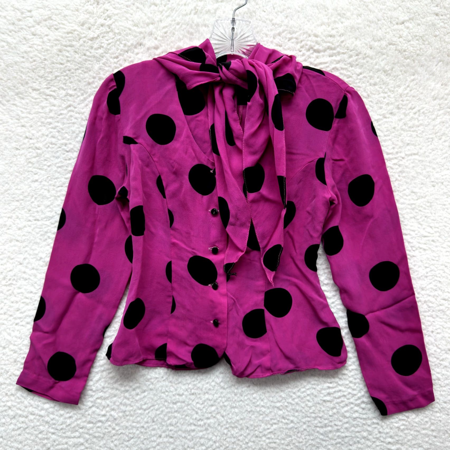 Anna Sui VINTAGE 90s Y2K Anna Sui Top Blouse Shirt Silk Pink Black Polka Dot Small Neck Tie Womens Size S / US 4 / IT 40 - 2 Thumbnail