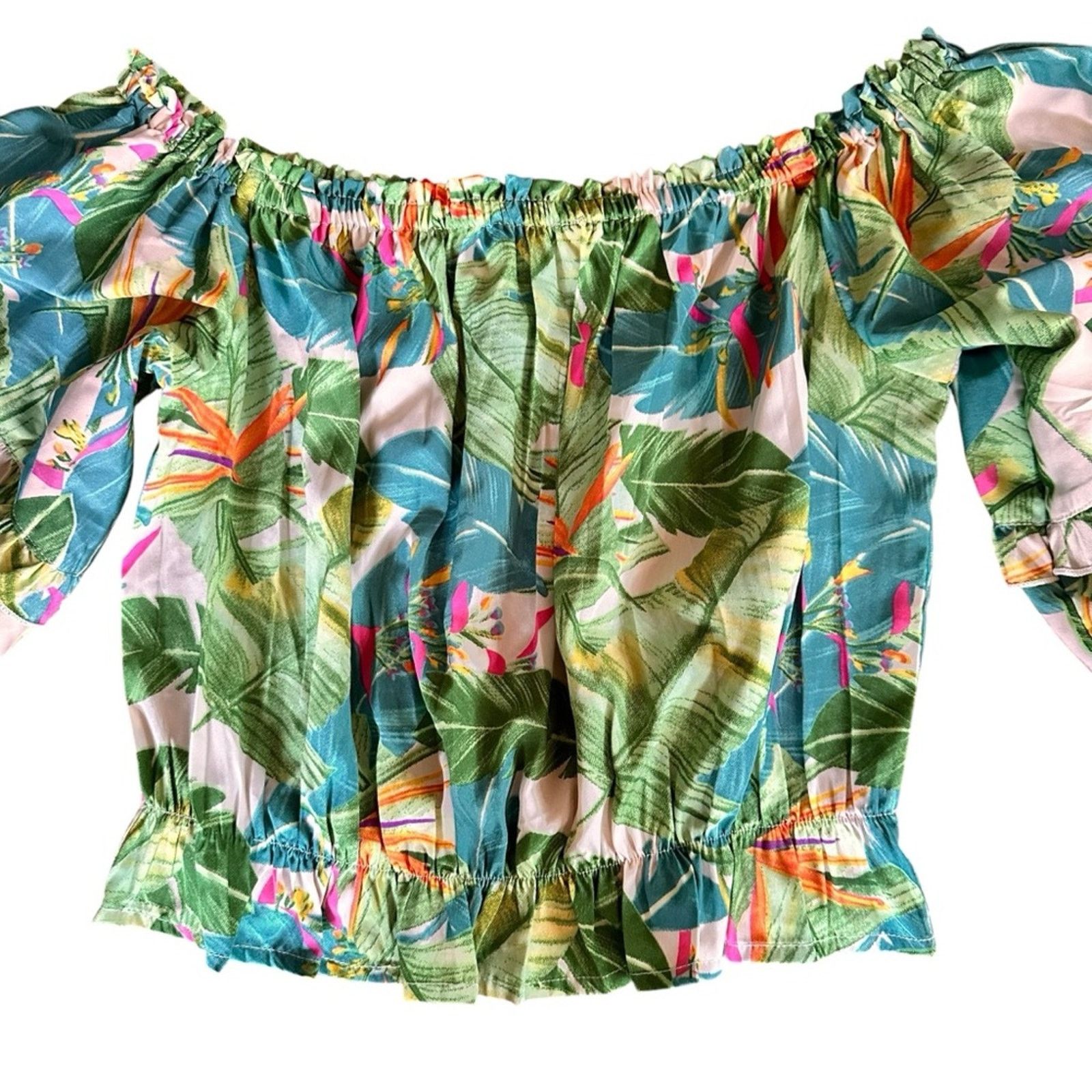 Rachel Zoe Rachel Zoe Tropical Off-the-Shoulder Crop Blouse Green/Blue Size M / US 6-8 / IT 42-44 - 2 Thumbnail