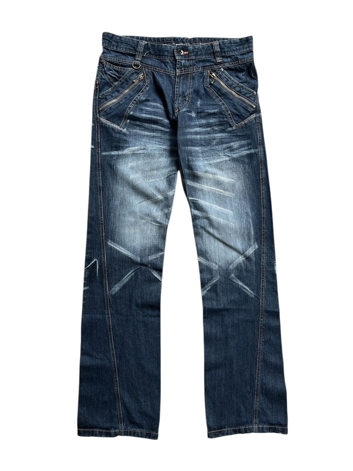 Japanese Brand Double Focus 🇯🇵 Double Waist Asymmetrical Denim Light Flare Size US 33 - 1 Thumbnail