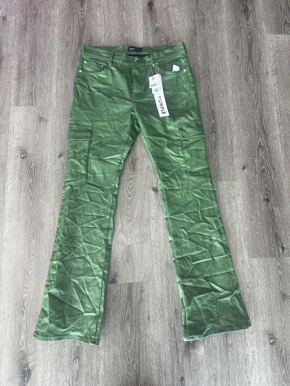 image of Purple Brand “Patent Film” Cargo Jeans in Green, Men's (Size 34)