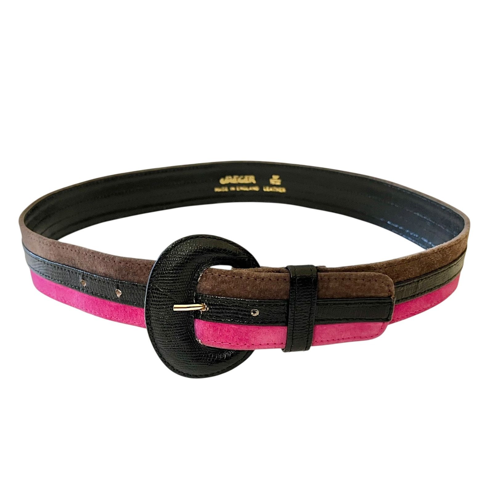 Jaeger × Vintage Vintage Jaeger Striped Pink Brown Suede Black Leather Belt Size 30 - 2 Thumbnail
