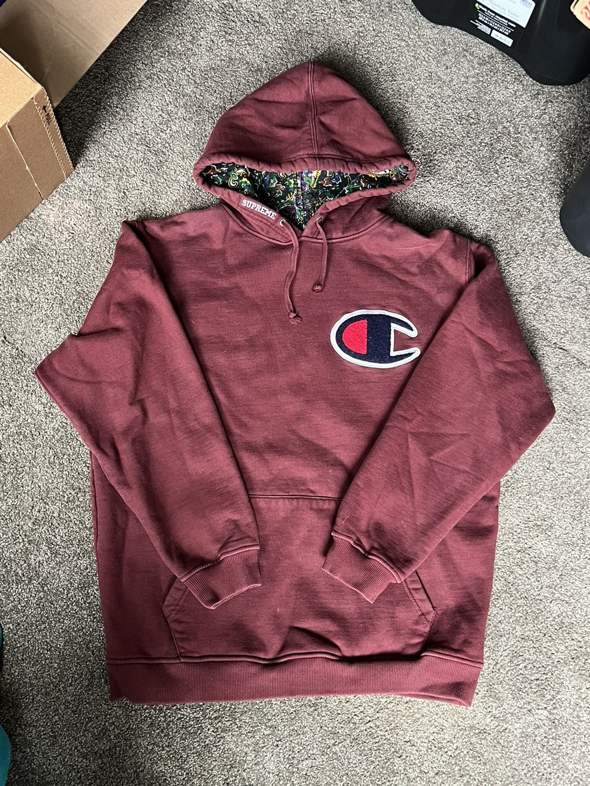 image of Champion Chenille C Logo Paisley Hoodie Sweatshirt in Burgandy, Men's (Size Large)