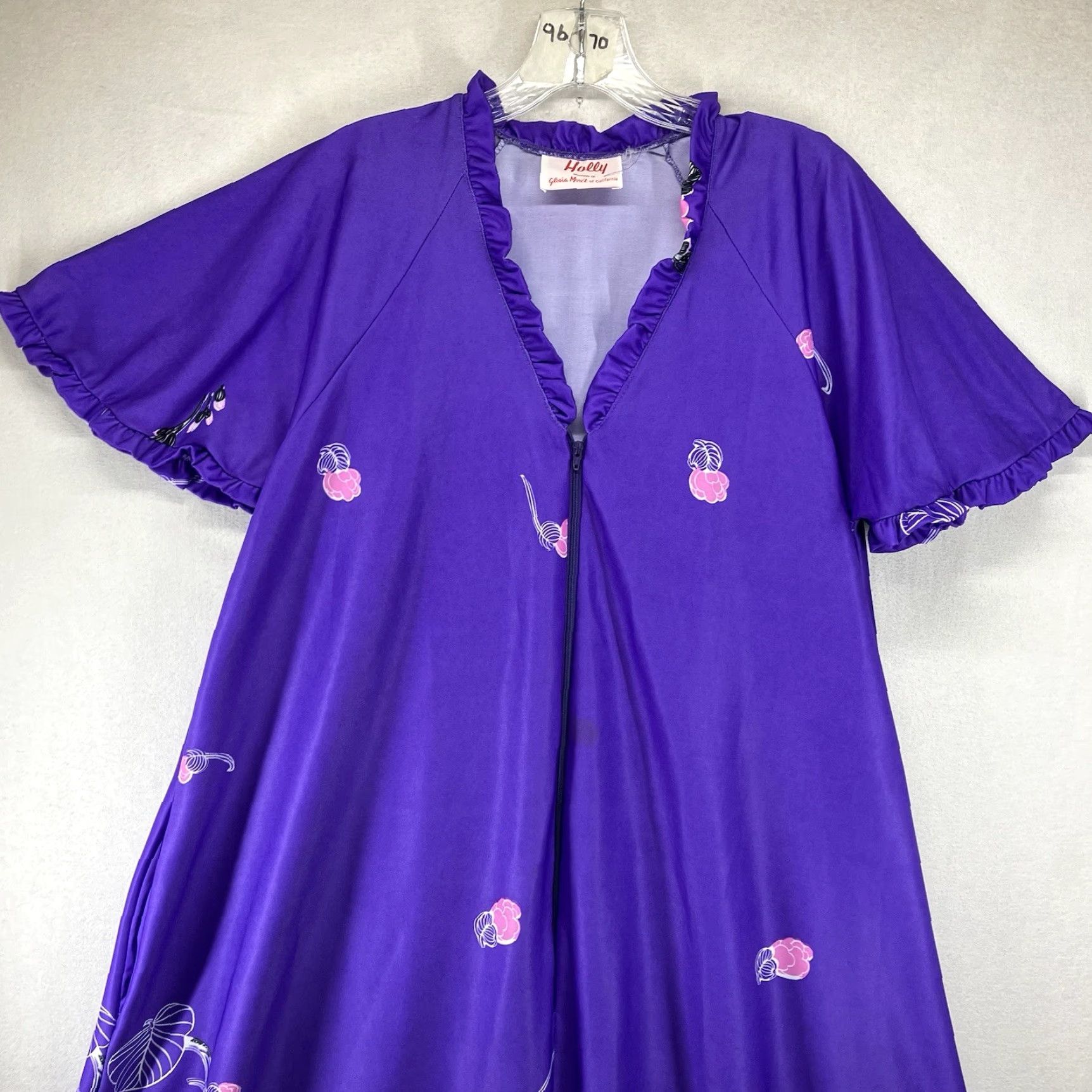 Vintage VINTAGE Gloria Moret of California Dress Caftan Purple Floral Front Zip 70s Small Polyester Women's Size S / US 4 / IT 40 - 6 Thumbnail