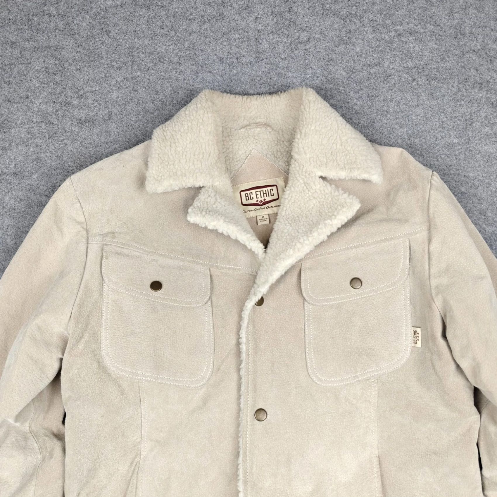 Vintage BC Ethic Jacket Mens Medium Beige Leather Bomber Sherpa Lined Western Snap Size US M / EU 48-50 / 2 - 2 Thumbnail