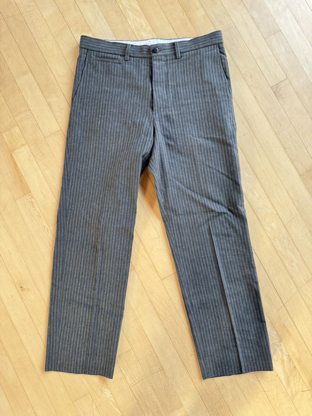 image of Visvim Wool / Linen Striped Single Pleat Trousers Pants Size 3 in Grey, Men's