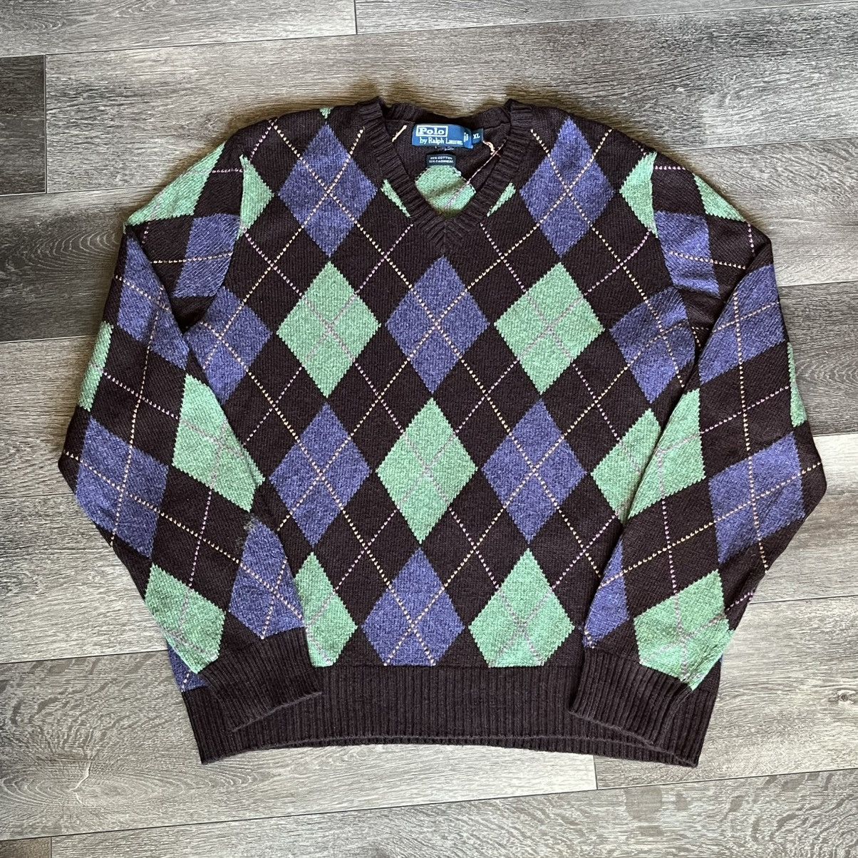 Polo Ralph Lauren Vintage 90s Polo Ralph Lauren Diamond Argyle V Neck Sweater Size US XL / EU 56 / 4 - 1 Thumbnail