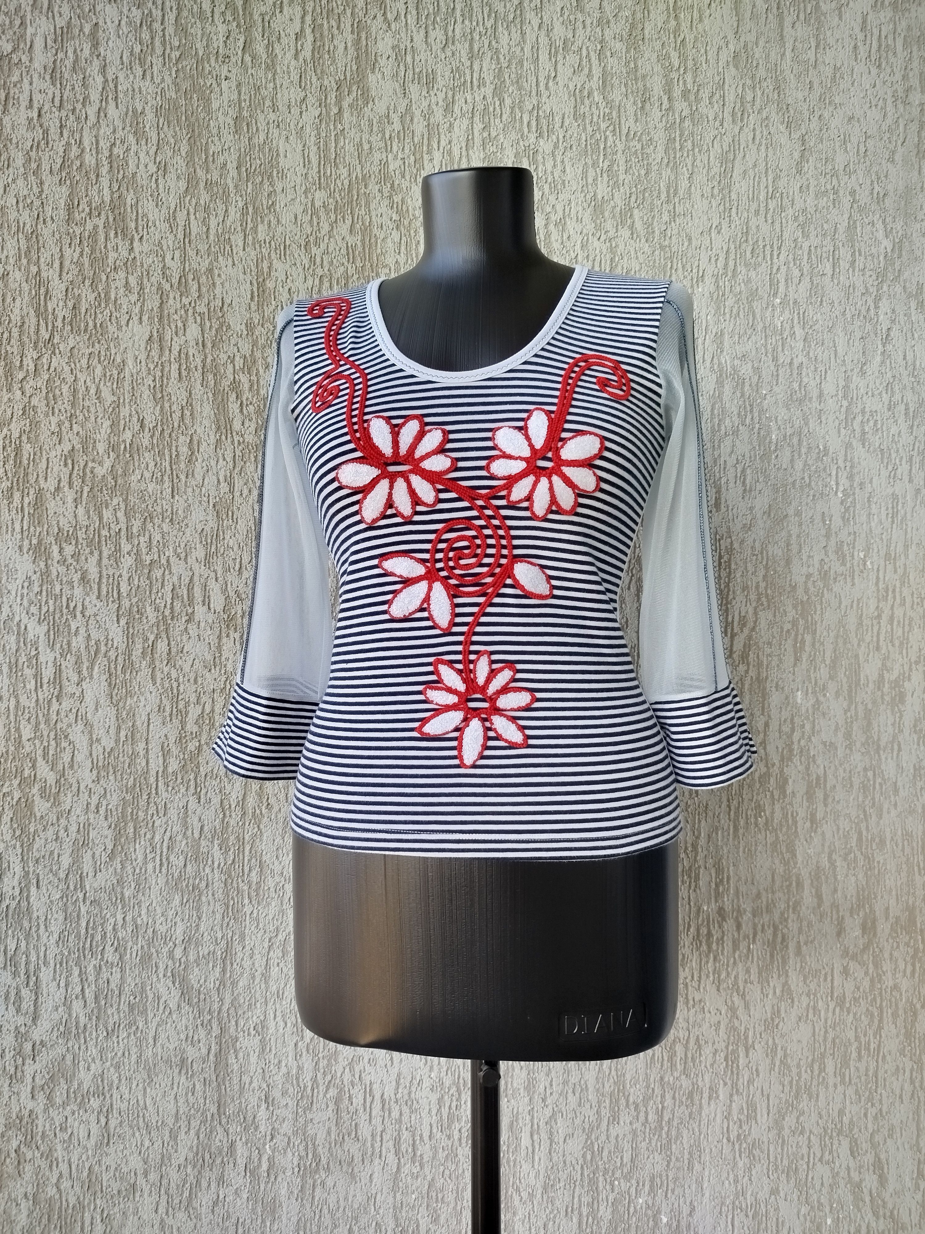 Jean Paul Gaultier Save The Queen Top Striped Floral Mesh Sleeves Vintage Y2K Size S / US 4 / IT 40 - 3 Thumbnail