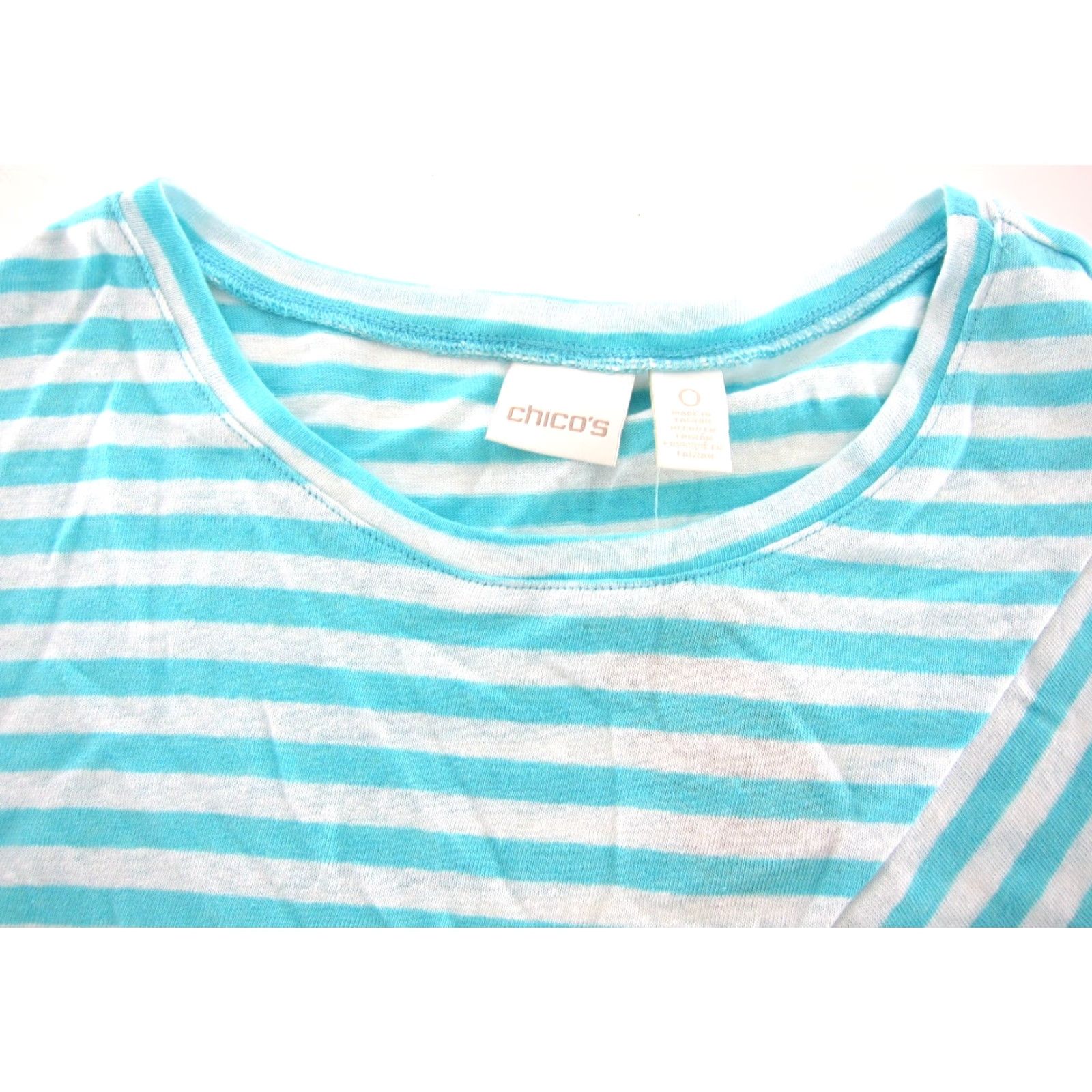 Vintage Chico's Blouse Blue Aqua Breeze White Stripe Cece Spliced Short Sleeve NWT 0/S Small Size S / US 4 / IT 40 - 4 Thumbnail