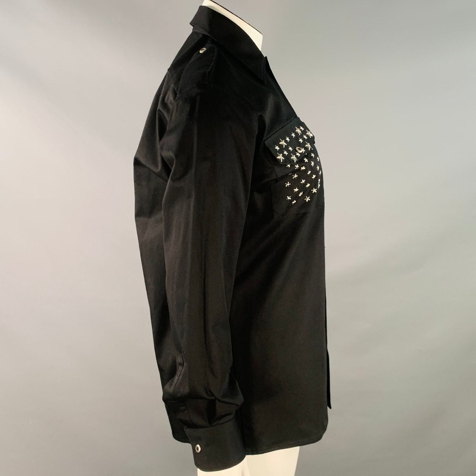 John Richmond L Black Silver Cotton Blend Studded Stars Two Pockets Shirt Size L / US 10 / IT 46 - 3 Thumbnail