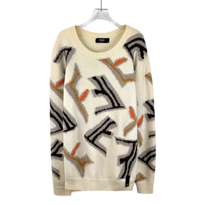 Fendi FENDI Beige Logo Floral Printed Merino Wool Crew Neck Long Size US L / EU 52-54 / 3 - 1 Thumbnail