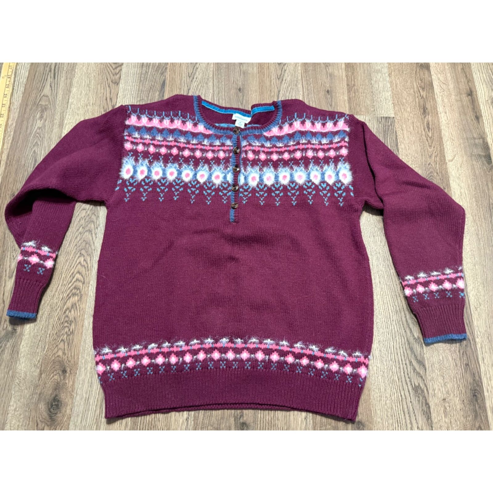 Vintage Sundance Sweater Women's Medium Red Blue White Fair Isle 1/4 Buttons Pullover Knit Long Sleeve Size M / US 6-8 / IT 42-44 - 2 Thumbnail