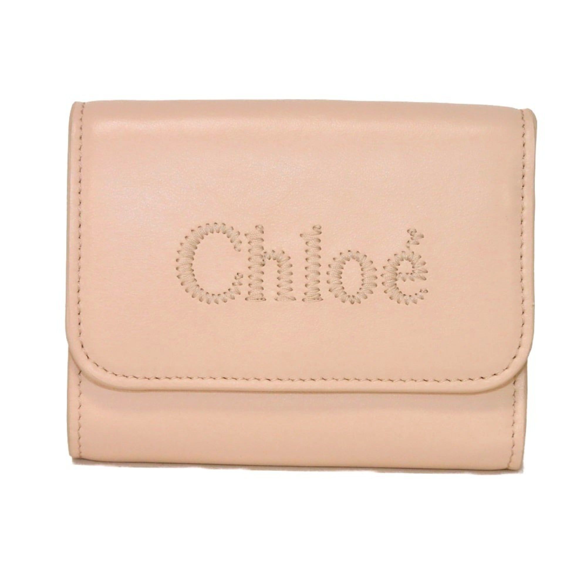 Chloé Chloe Sense Small Trifold Wallet in Shiny Calfskin with Logo Stitching Cement Pink (CHC23AP874) - Women's