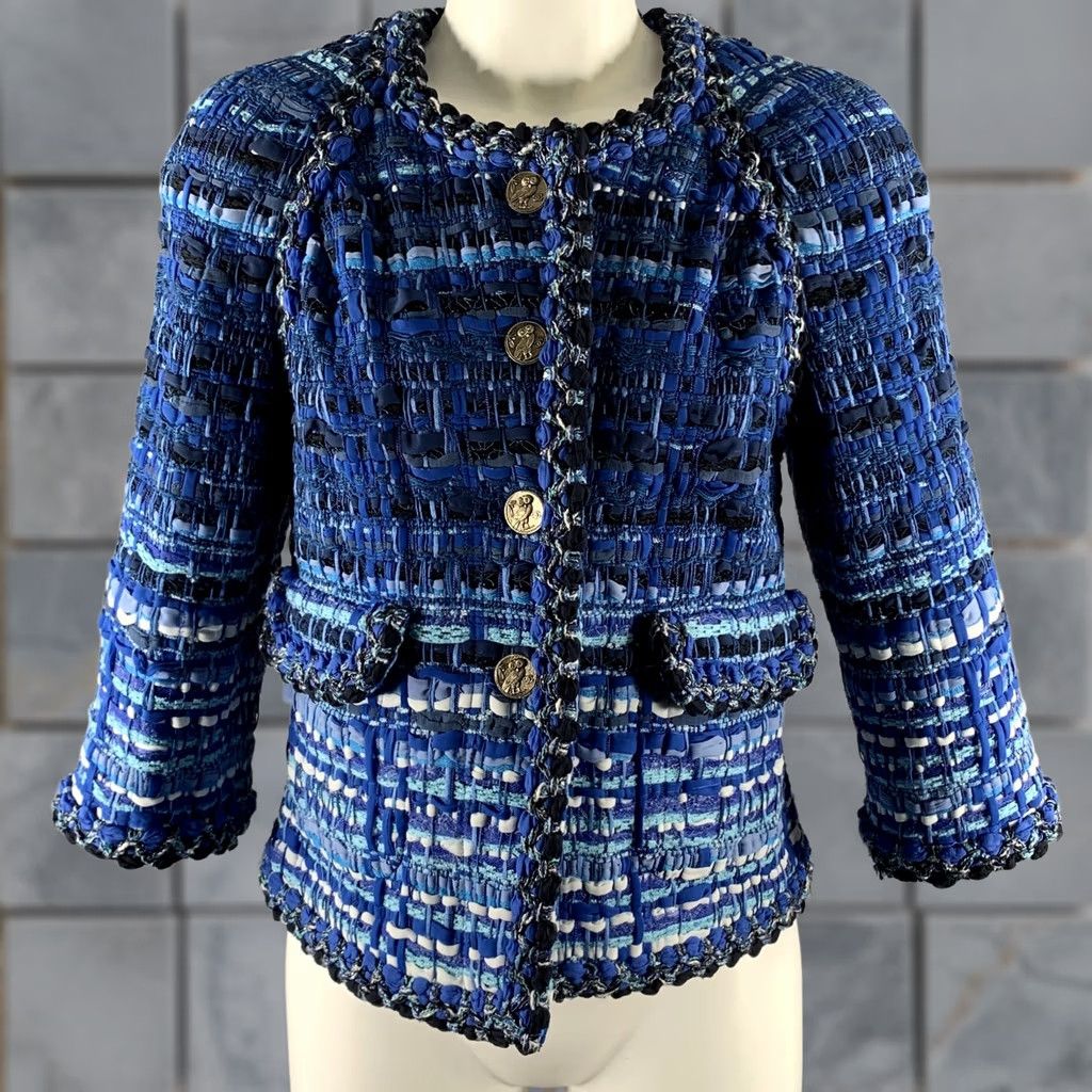 Chanel CHANEL Jacket Blue Light Blue Stripe Cotton Blend 6 Women 3/4 Sleeves France Size M / US 6-8 / IT 42-44 - 1 Thumbnail