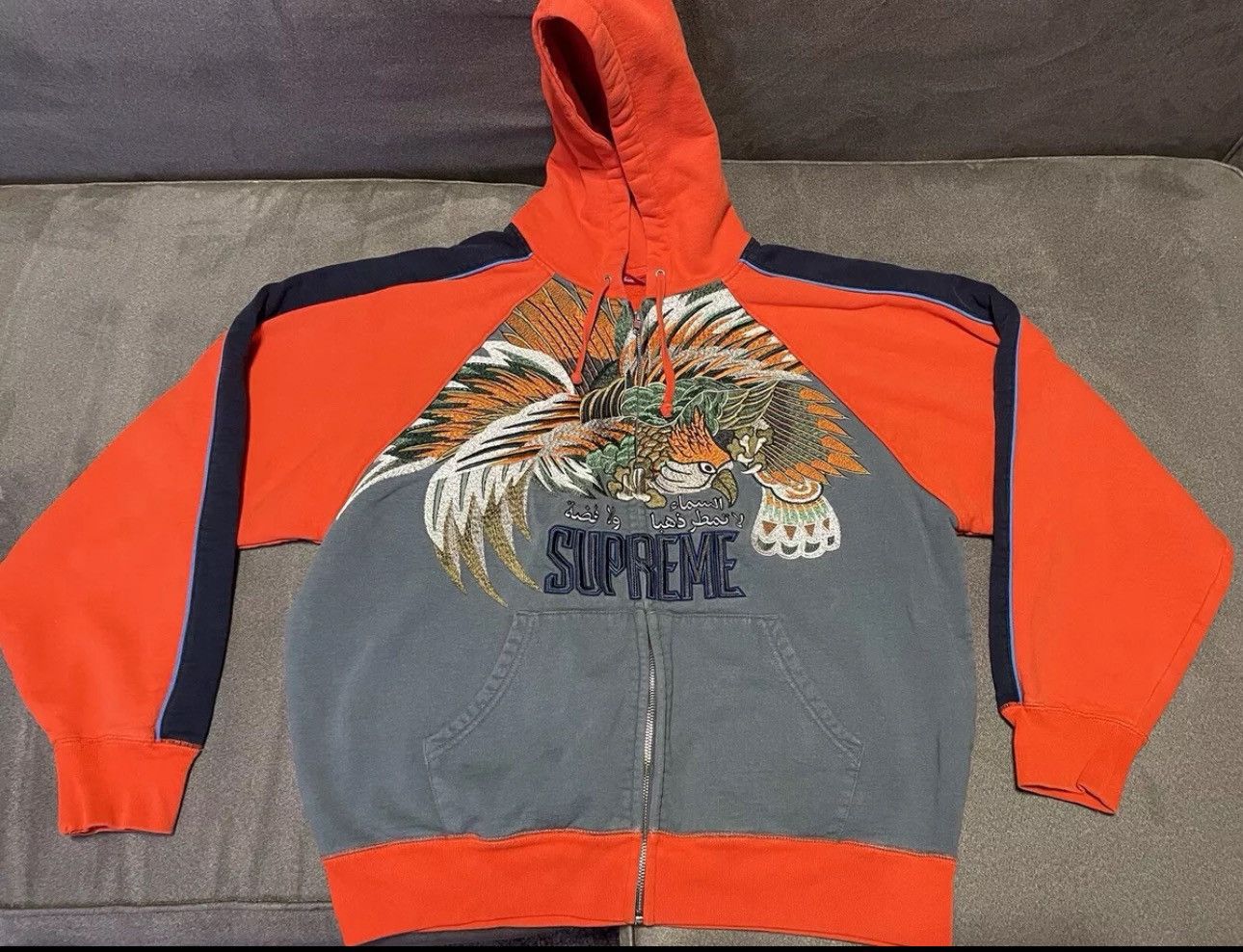 Supreme Falcon Raglan Zip Up Hooded Sweatshirt 'Orange Grey