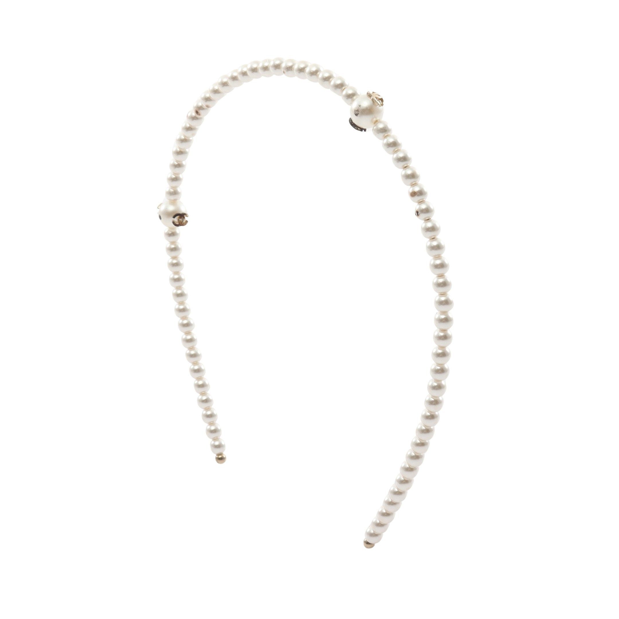 image of Chanel Coco Mark Headband Fake Pearl Gp Off White Gold, Women's