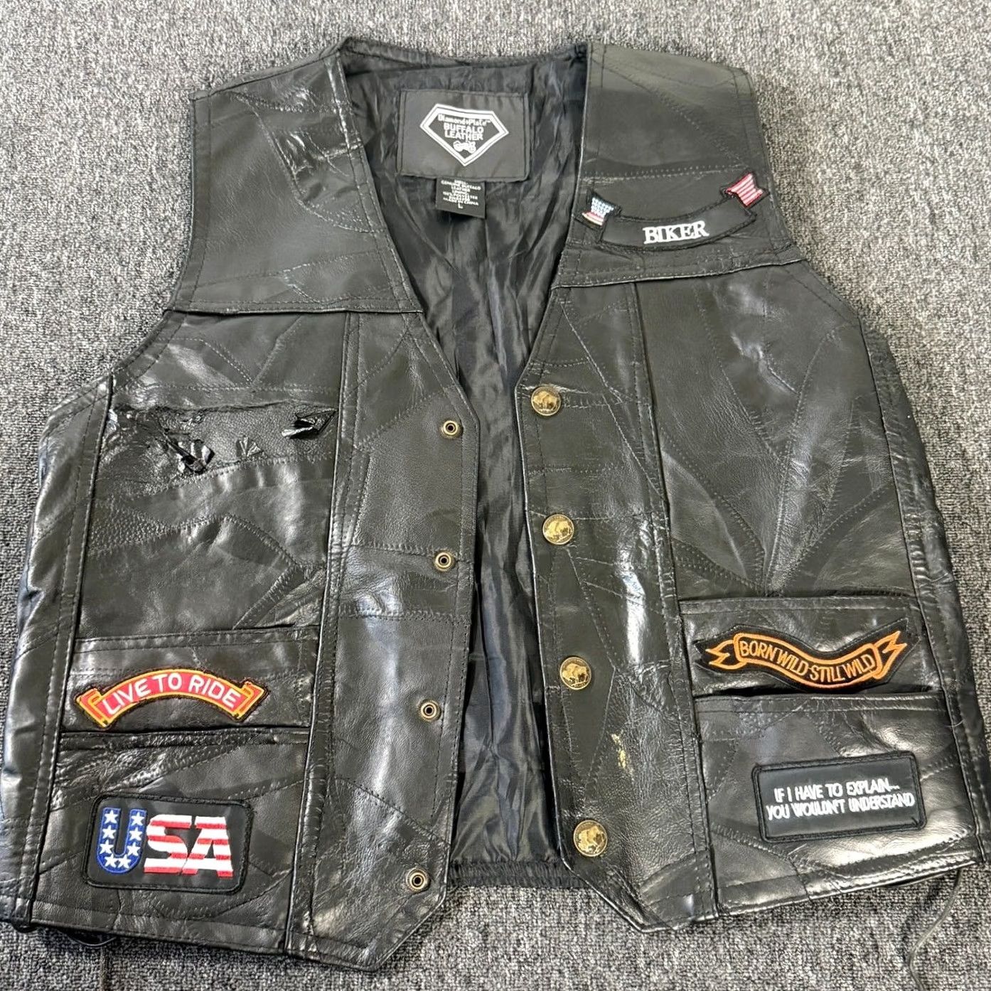 Vintage VINTAGE Buffalo Leather Biker Vest Patchwork Black Large Mens Size US L / EU 52-54 / 3 - 2 Thumbnail