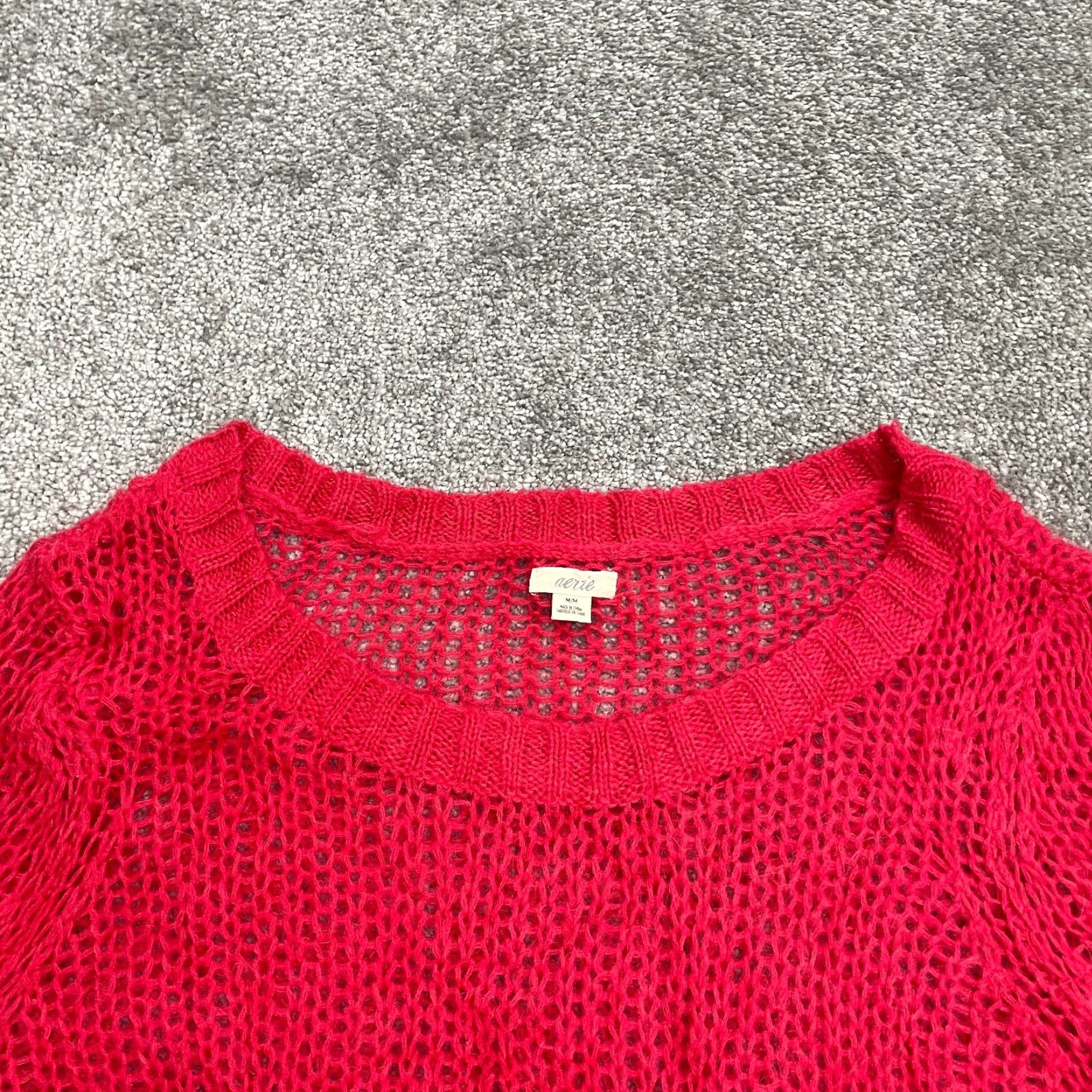 Vintage Aerie Sweater Women M Red Open-Knit Crochet Pullover Long Sleeve Round Neck Knit Size M / US 6-8 / IT 42-44 - 3 Thumbnail