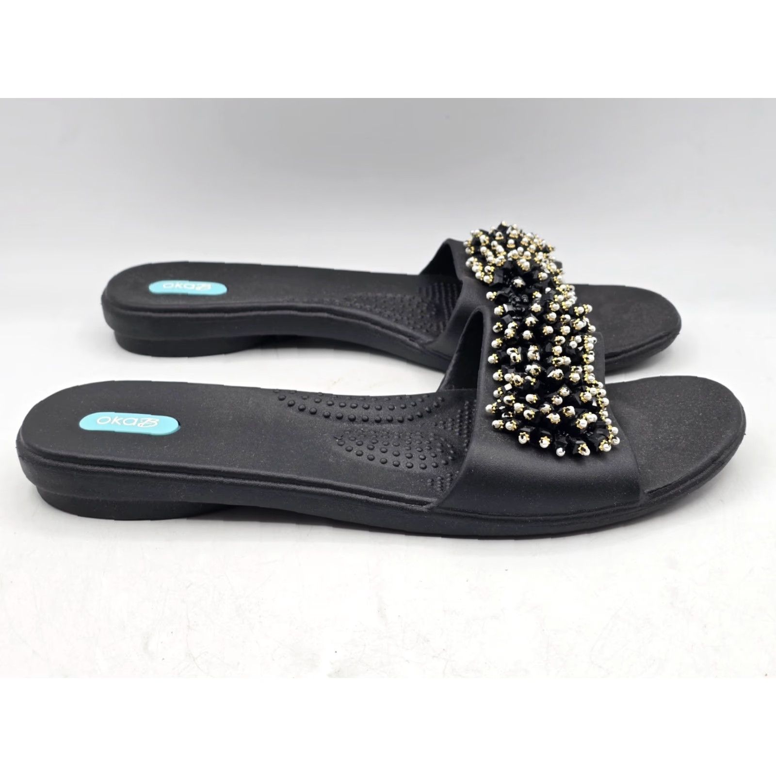 Vintage Oka-B Sandal Women’s Slide Black Multi LL 11.5-12 Casual Travel - Beaded Logo, Solid Pattern, Slip On, Flat Heel Womens Size US 11.5 / IT 41.5 - 4 Thumbnail