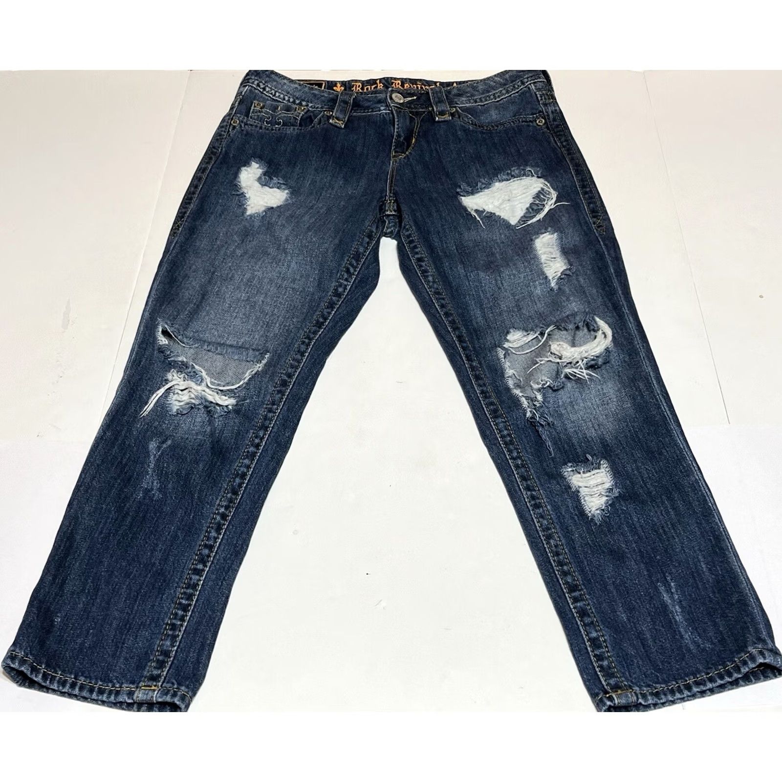 Vintage Rock Revival Anabela Boyfriend Jeans Womens Denim Distressed 31x25 Blue Cotton Cotton Denim mid rise Embroidered Button Zip Regular Gir ls Size 24" / US 00 / IT 34 - 2 Thumbnail