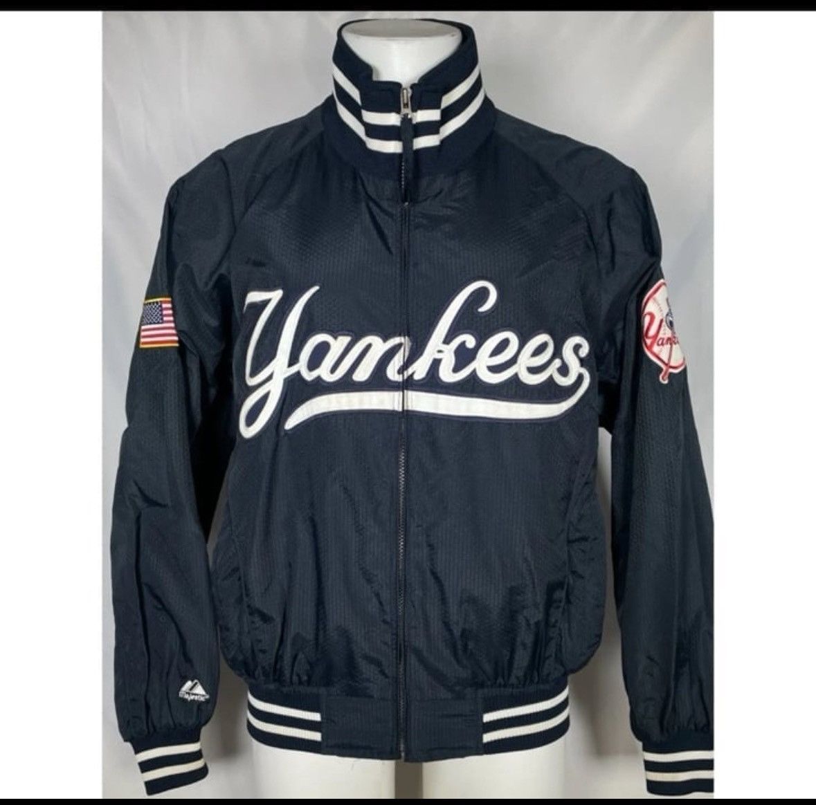 Image of VTG New York Yankees Majestic Dugout Jacket W/ Usa Patch in Blue, Men's (Size 2XL)