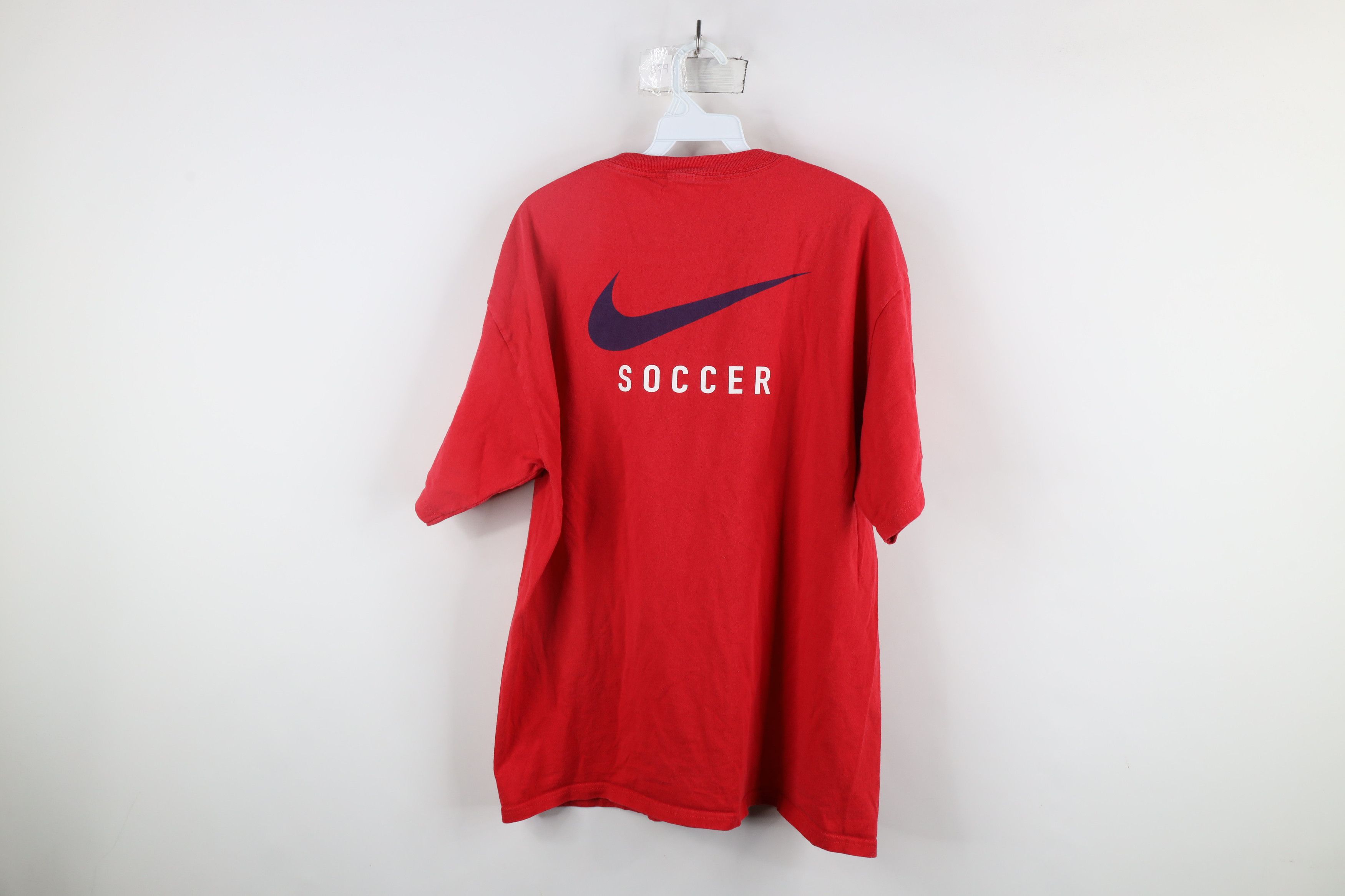 Nike × Vintage Vintage 90s Nike Soccer Coaches Big Swoosh T-Shirt Red Size US XL / EU 56 / 4 - 7 Thumbnail