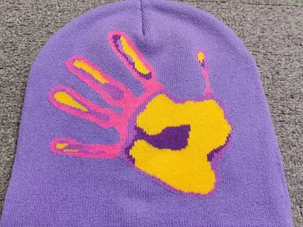 Japanese Brand Mediocre Hand Palm Heatmap Graphic No Cuff Beanie Hat Purple Size ONE SIZE - 2 Thumbnail