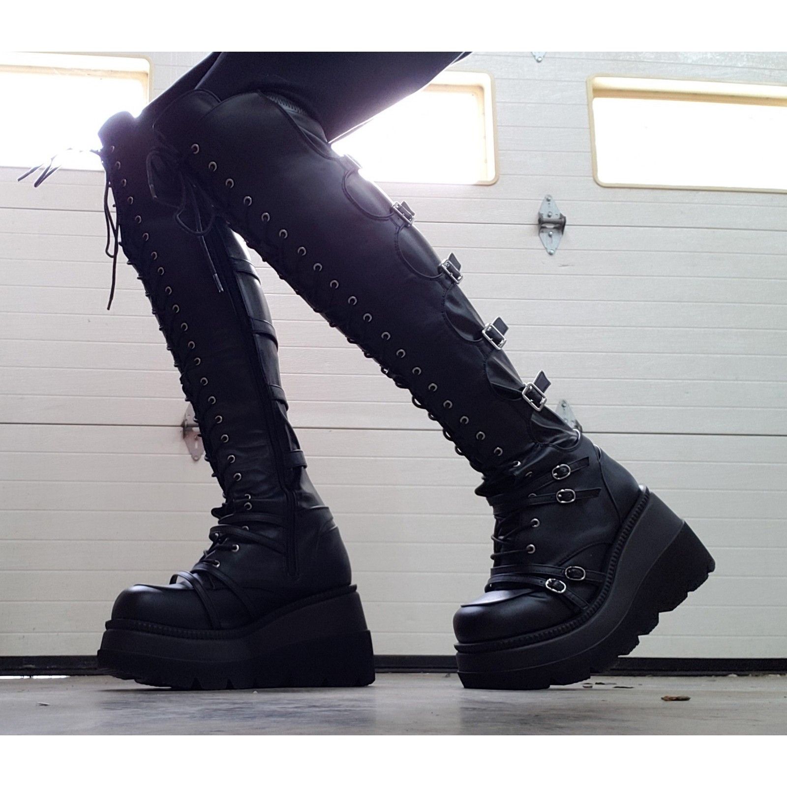 Demonia Cult DEMONIA Shaker 350 Black Wide Platform 4.5" Wedge Heel Over Size US 7 / IT 37 - 9 Thumbnail