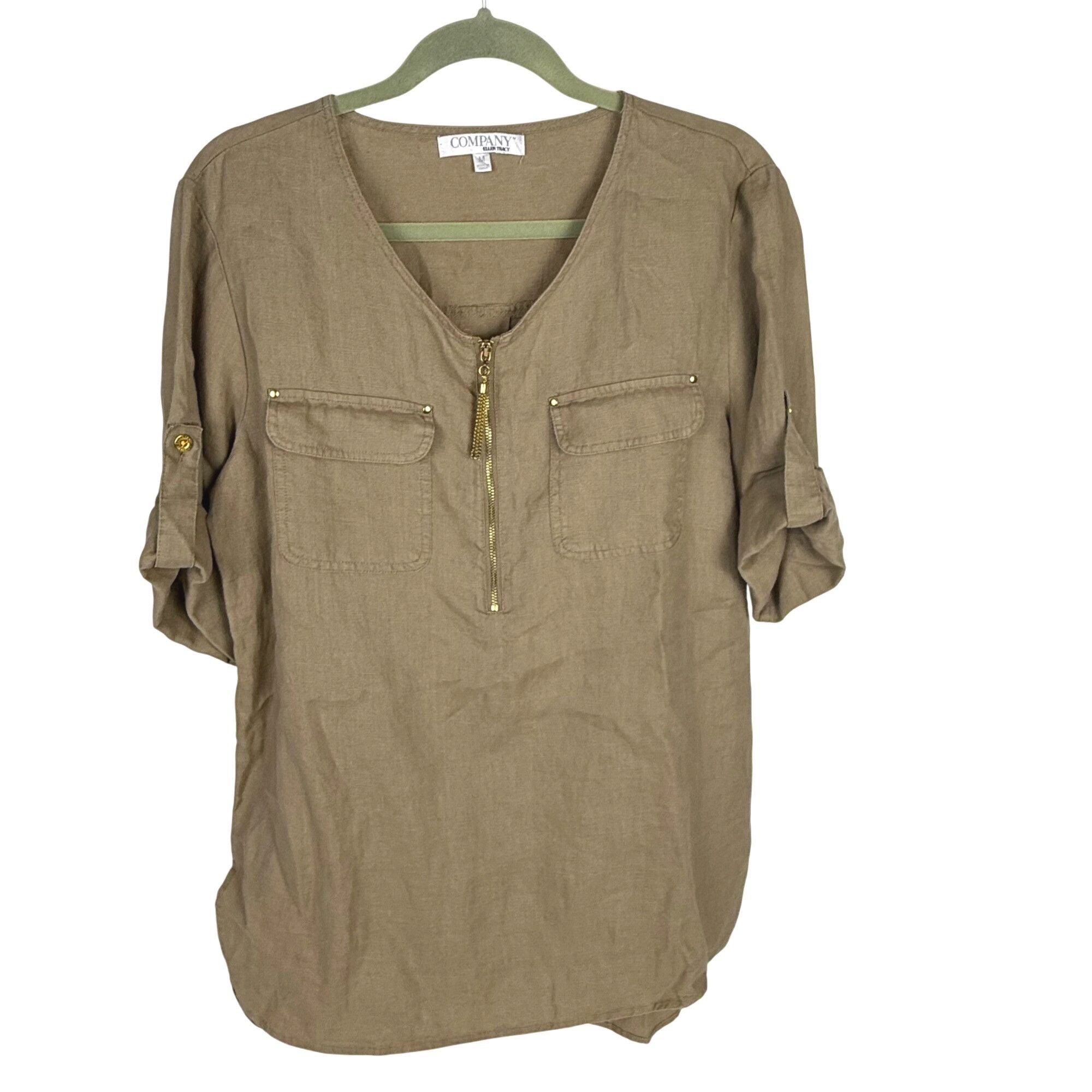 Ellen Tracy Ellen Tracy Women's Linen Top Roll-Tab Sleeve 1/4-Zip Flax S Size M / US 6-8 / IT 42-44 - 1 Thumbnail