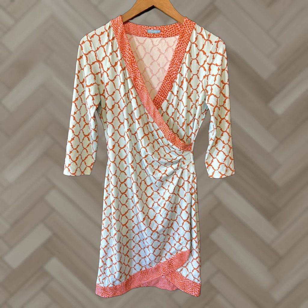 J.McLaughlin J. McLaughlin Dress Womens S Blue Orange Catalina Knit Geometric 3/4 Sleeve V-Neck Midi Stretch Pullover Vintage: No Size S / US 4 / IT 40 - 1 Thumbnail