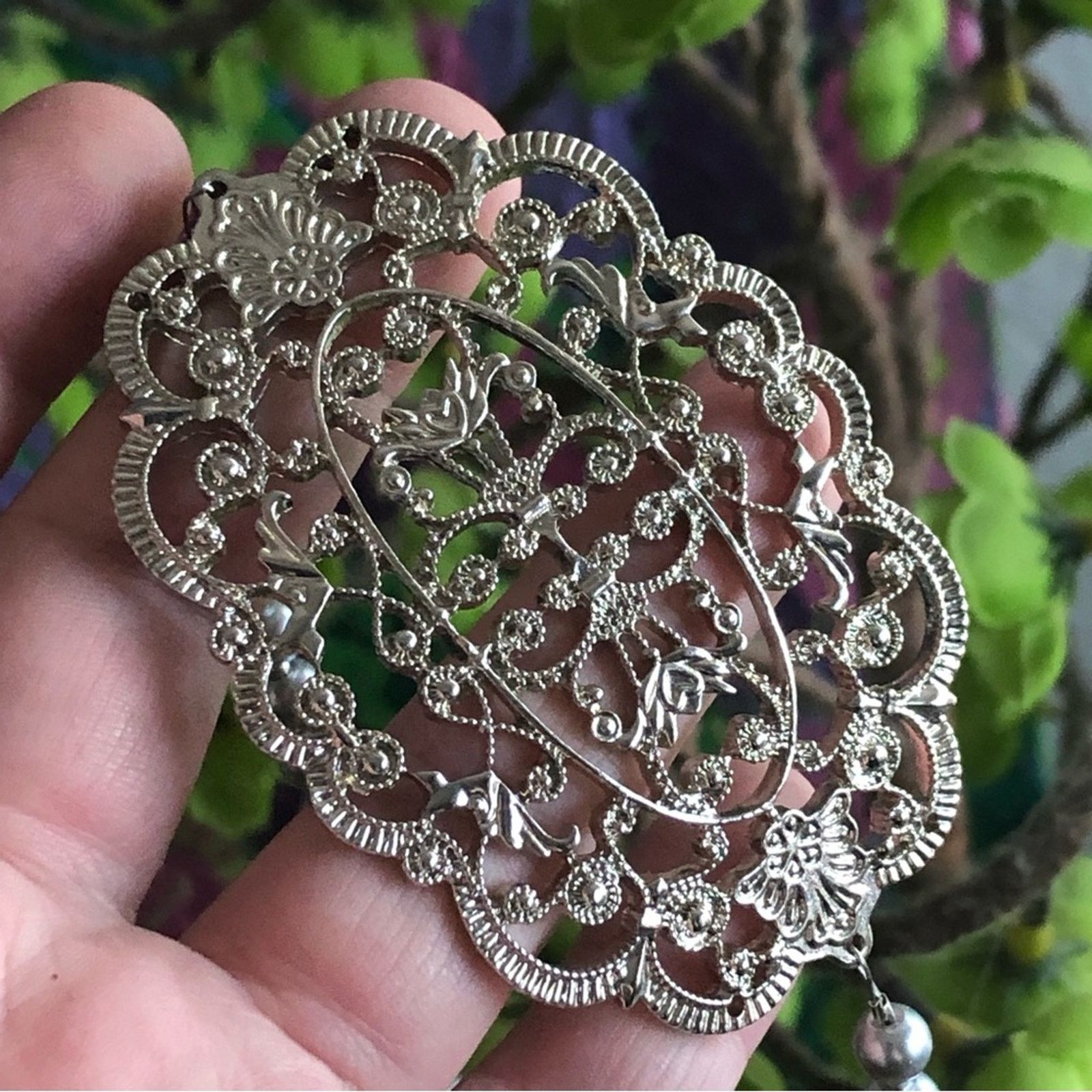 Handmade Handcrafted repurpose large silver filigree Pearl necklace Size ONE SIZE - 9 Thumbnail
