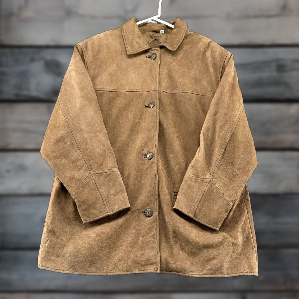 Preston & York VINTAGE Preston & York Leather Coat Womens XL Brown 90s Long Overcoat Chore Leather Coat With Pockets Size XL / US 12-14 / IT 48-50 - 1 Thumbnail