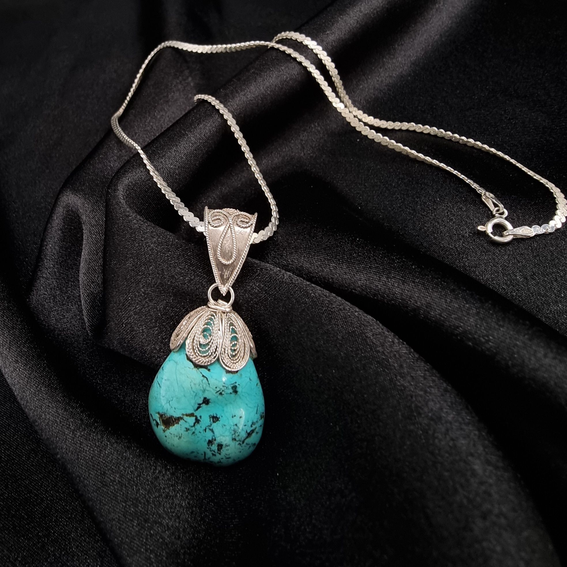 Vintage Genuine Turquoise Pendant Necklace China Signed 925 Sterling Size ONE SIZE - 3 Thumbnail