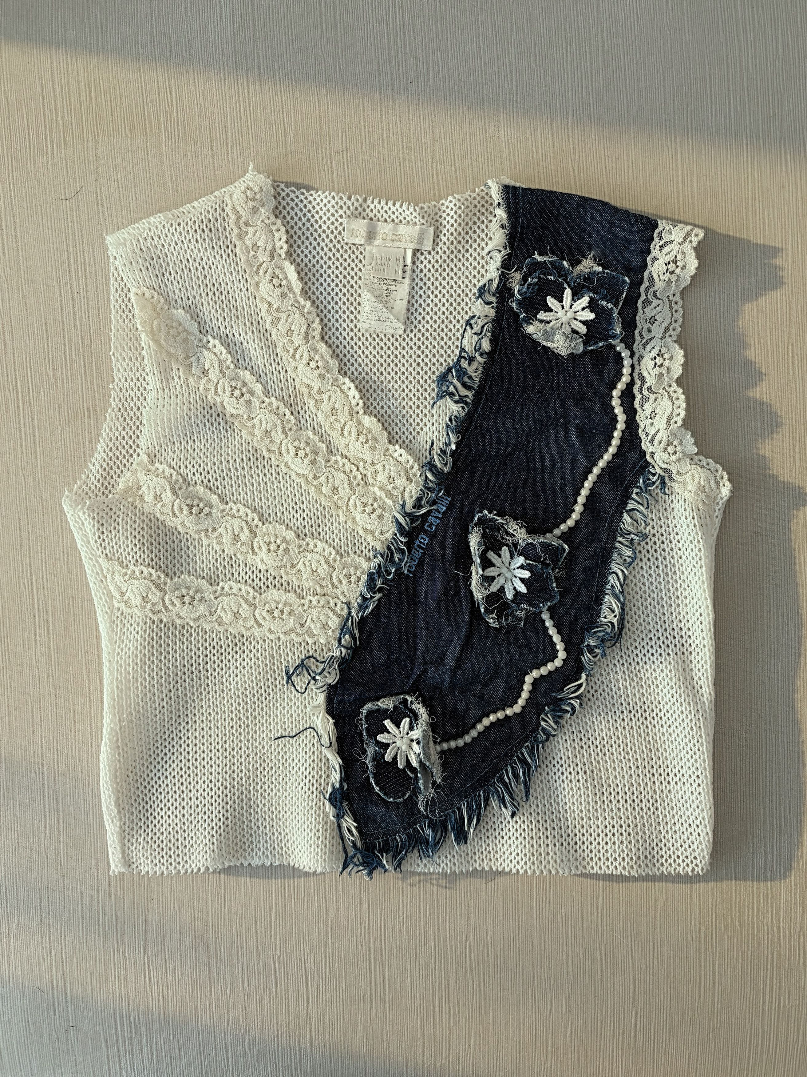 【希少/Archive】Roberto Cavalli トップス Y2K Roberto Cavalli Roberto Cavalli Y2K Mesh Denim Pearl Archive Top
