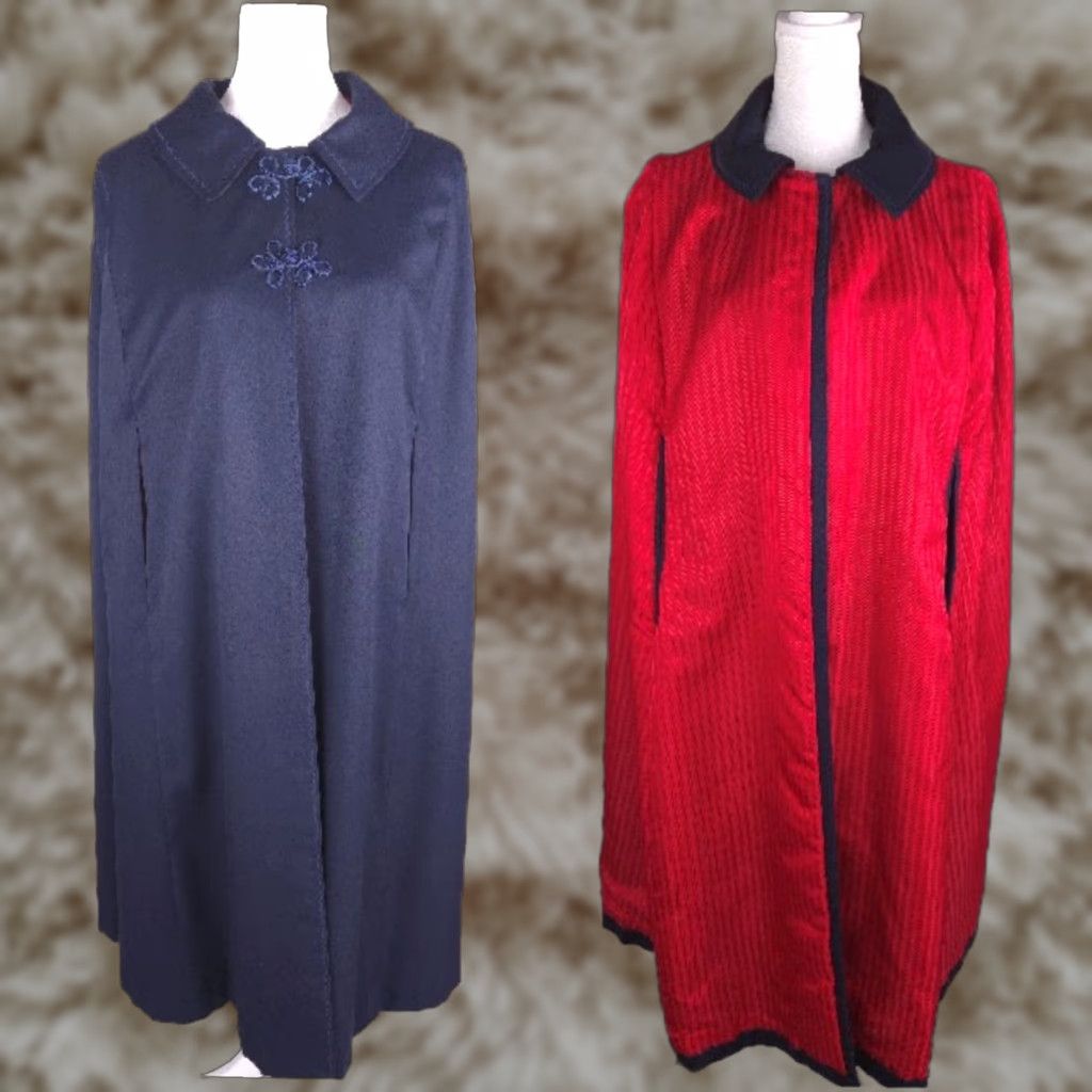 VINTAGE Handmade 60s Poncho Cape Women L Blue Red Cloak Button Closure Retro Medieval Womens