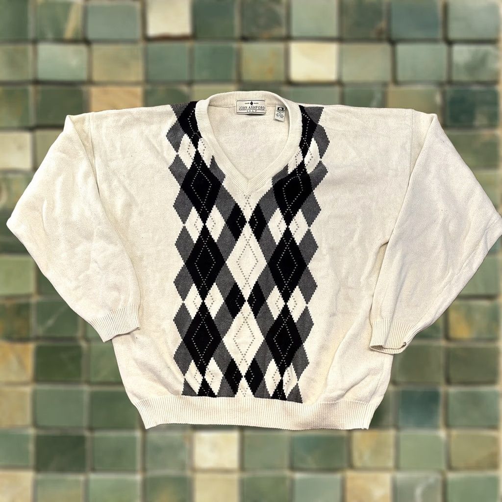 Vintage VINTAGE John Ashford Golf Sweater White XL V Neck Knit 80s 90s Mens Size US XL / EU 56 / 4 - 1 Thumbnail