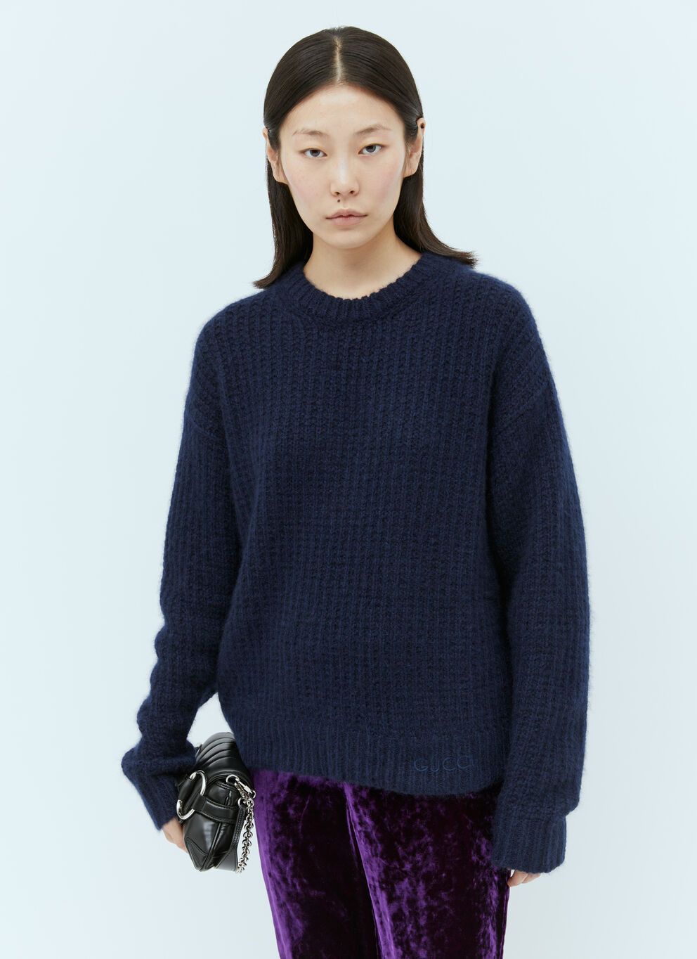 image of Gucci Cashmere Silk Crewneck Sweater in Navy, Women's (Size Small)