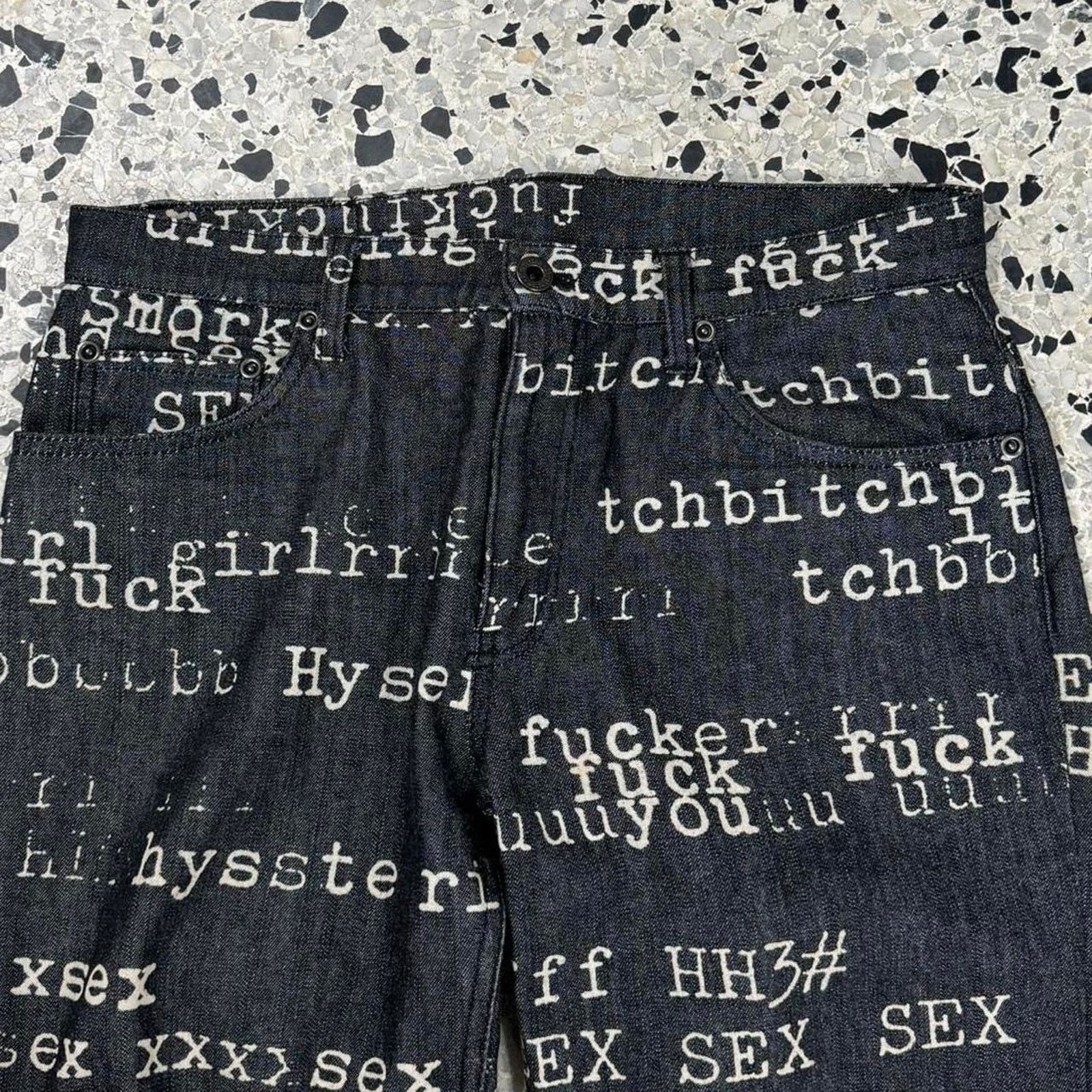 Hysteric Glamour HYSTERIC GLAMOUR SS99 FUCK XXX SEX BITCH DENIM AOP PANTS: Size US 31 - 2 Thumbnail