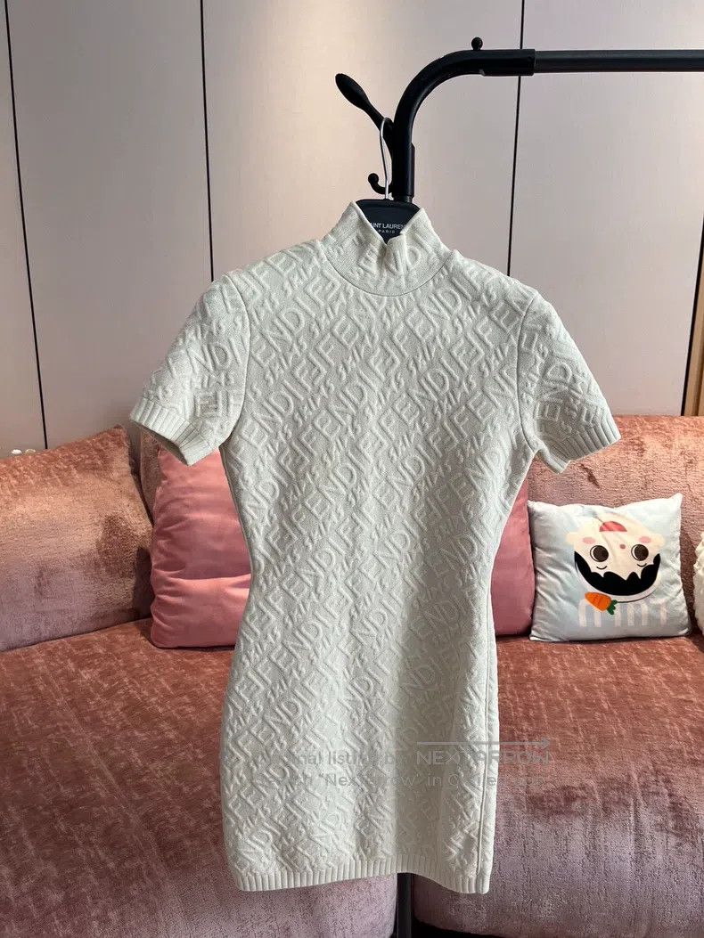 Fendi White Embossed Logo Knit Dress