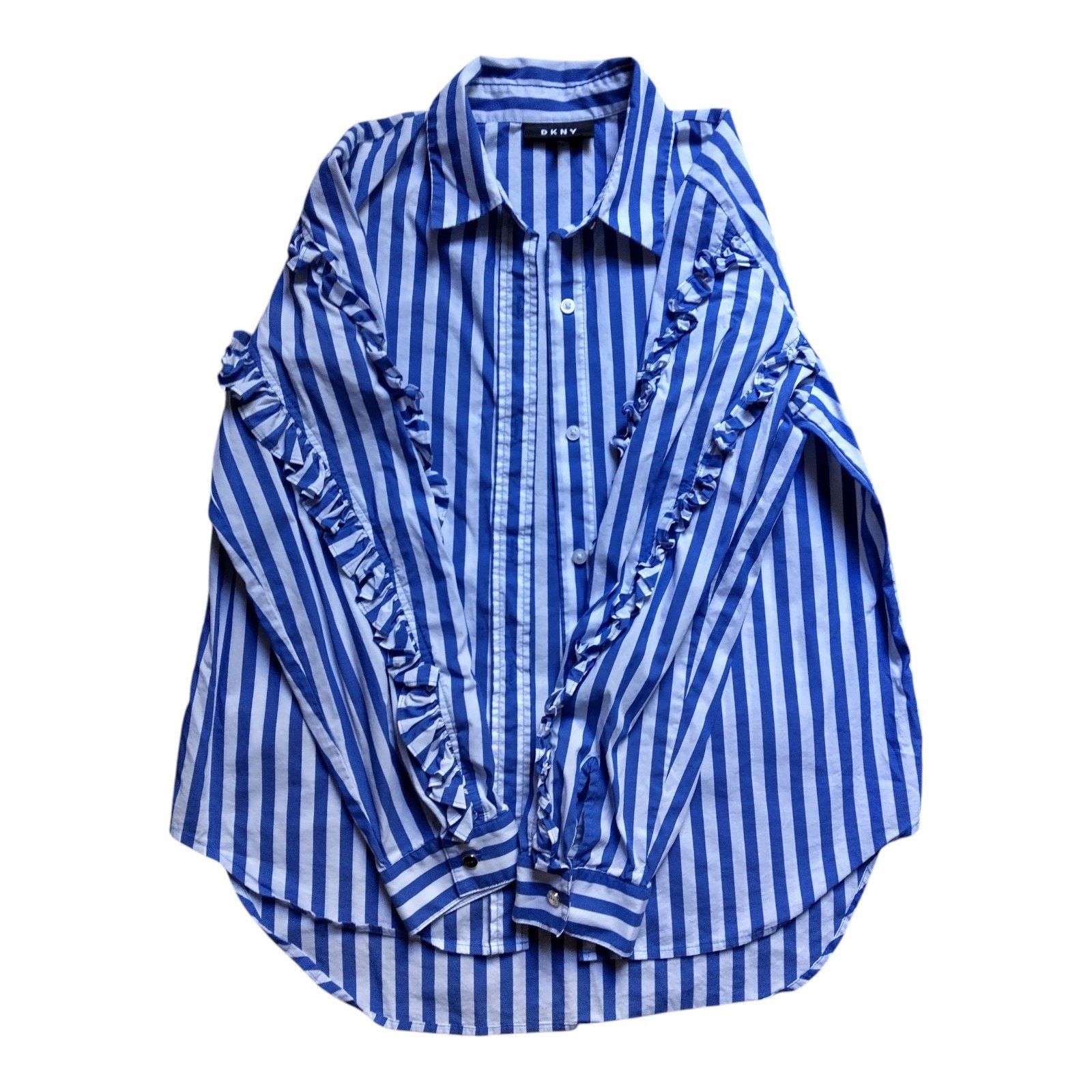 DKNY Women's DKNY Blue/White Striped Ruffle Sleeve Button Down Size M / US 6-8 / IT 42-44 - 8 Thumbnail