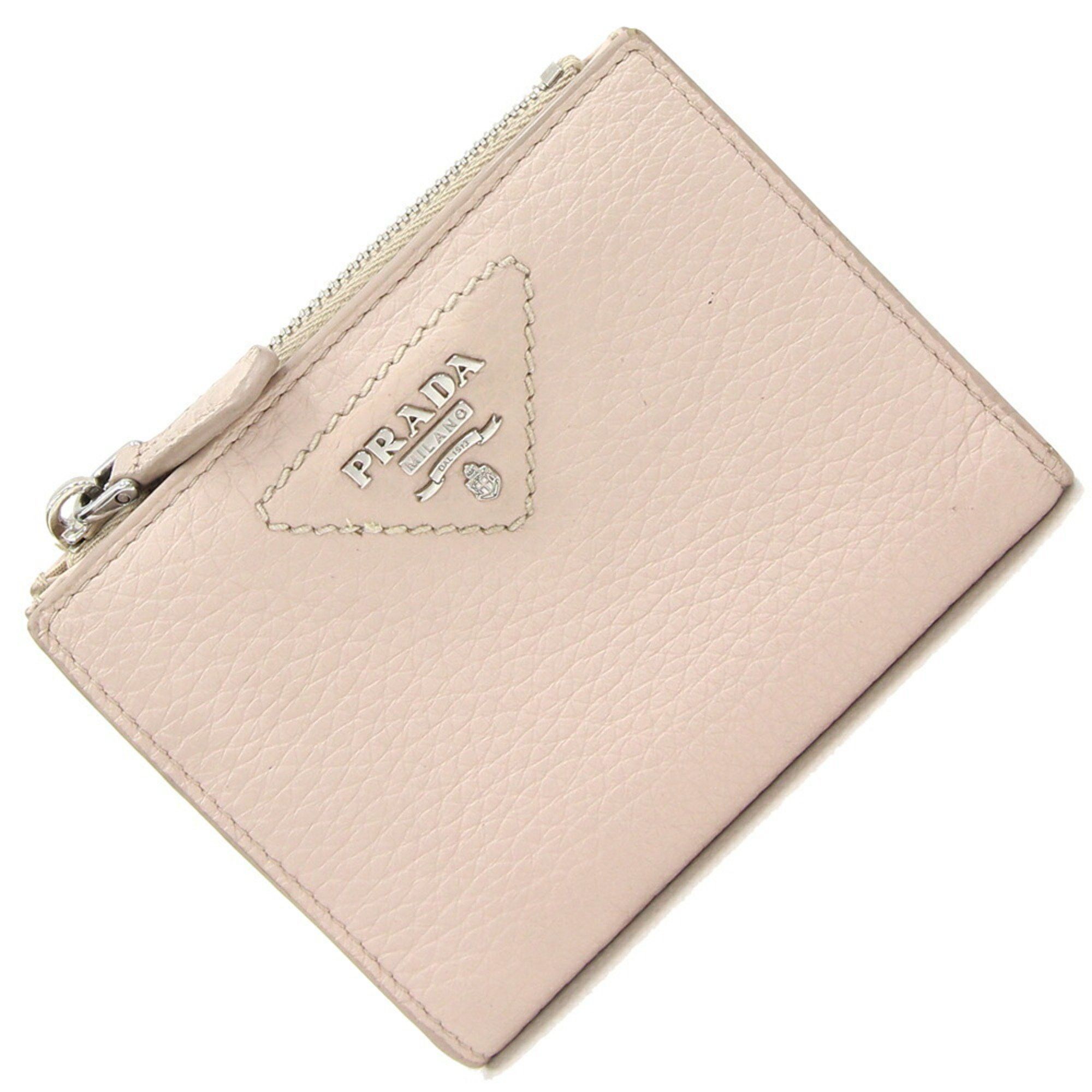 image of Prada Bifold Wallet 1Ml050 Beige Leather Compact Triangle Ladies Prada in Pink Beige, Women's