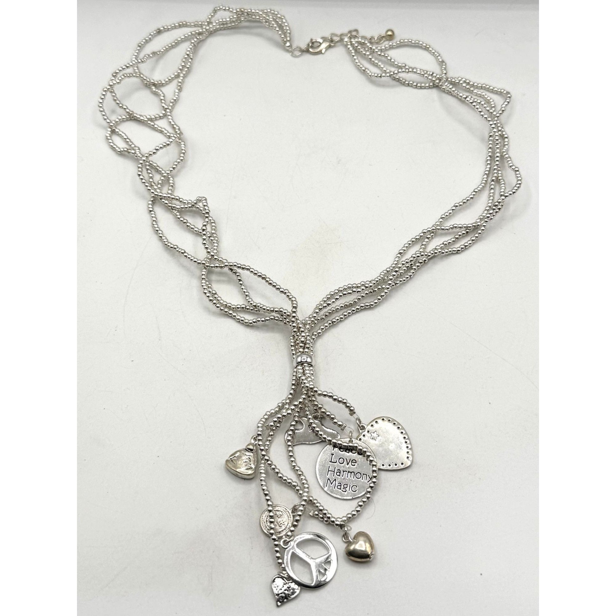 Vintage Beaded tassel silver tone peace love charm necklace Size ONE SIZE - 2 Thumbnail