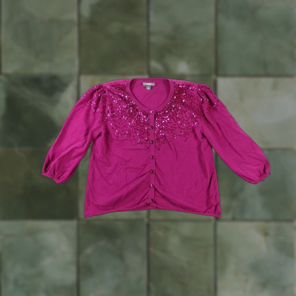 Vintage Apt9 Cardigan Womens L Sequined Embellished Button Front Crew Neck Magenta Size L / US 10 / IT 46 - 1 Thumbnail