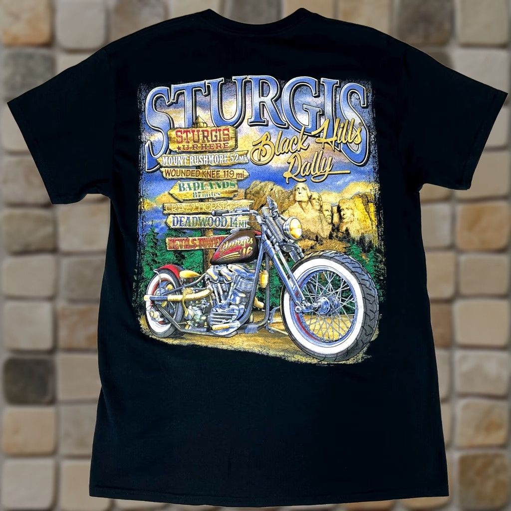 Gildan NWT 2016 Sturgis Black Hills Motorcycle Rally T-Shirt Double-Sided Sz M Mens Black Cotton Gildan Shirt Short Sleeve Crew Neck Vintage? Size US M / EU 48-50 / 2 - 1 Thumbnail