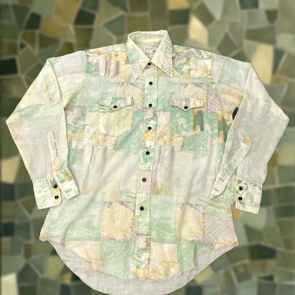 VINTAGE Wrangler Button-Up Shirt Multicolor Colorblock Long Sleeve Regular Large Western 70s Mens