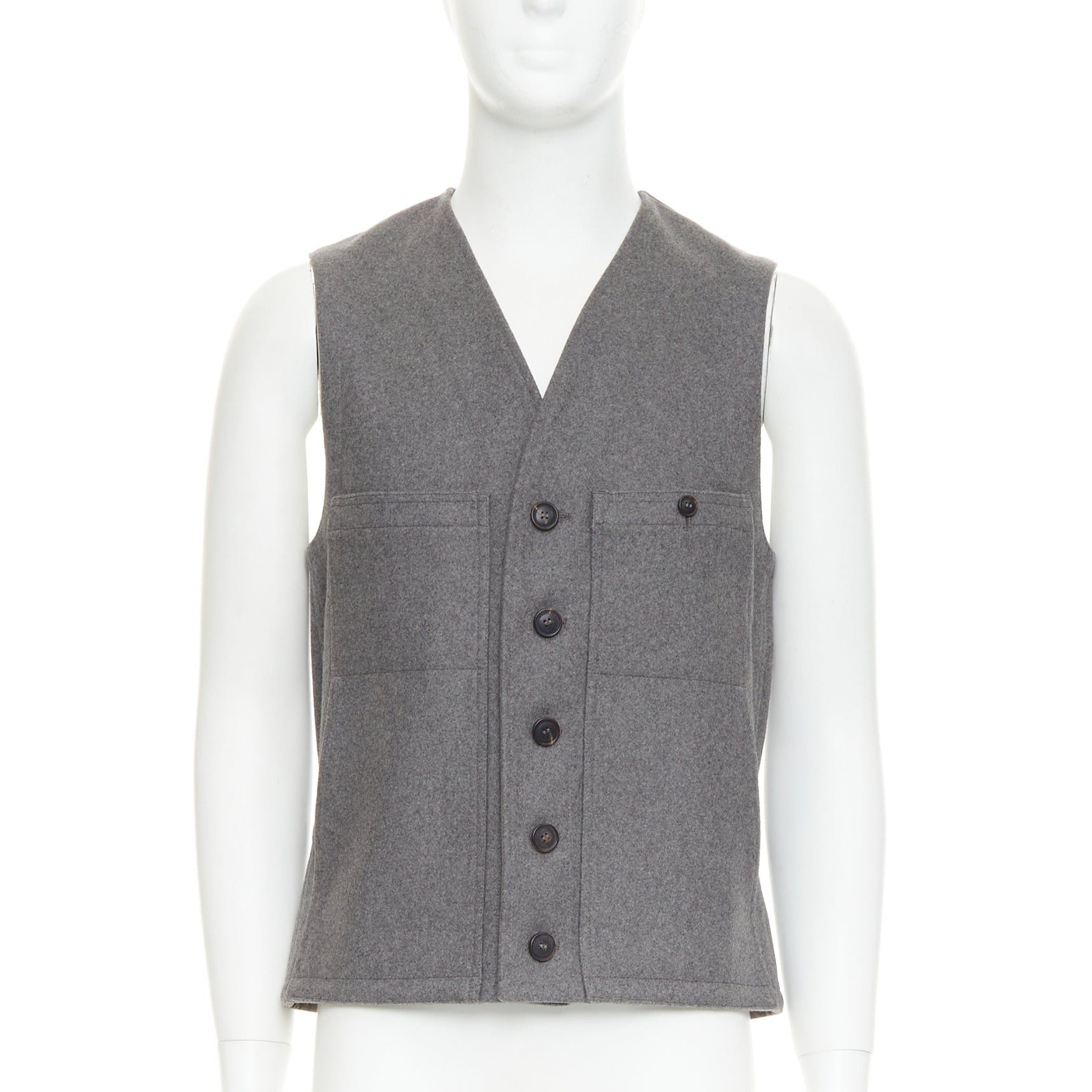 Lemaire LEMAIRE grey 100% virgin wool felt horn buttons pocketed waist coat vest Sz.2 M Size US M / EU 48-50 / 2 - 1 Thumbnail