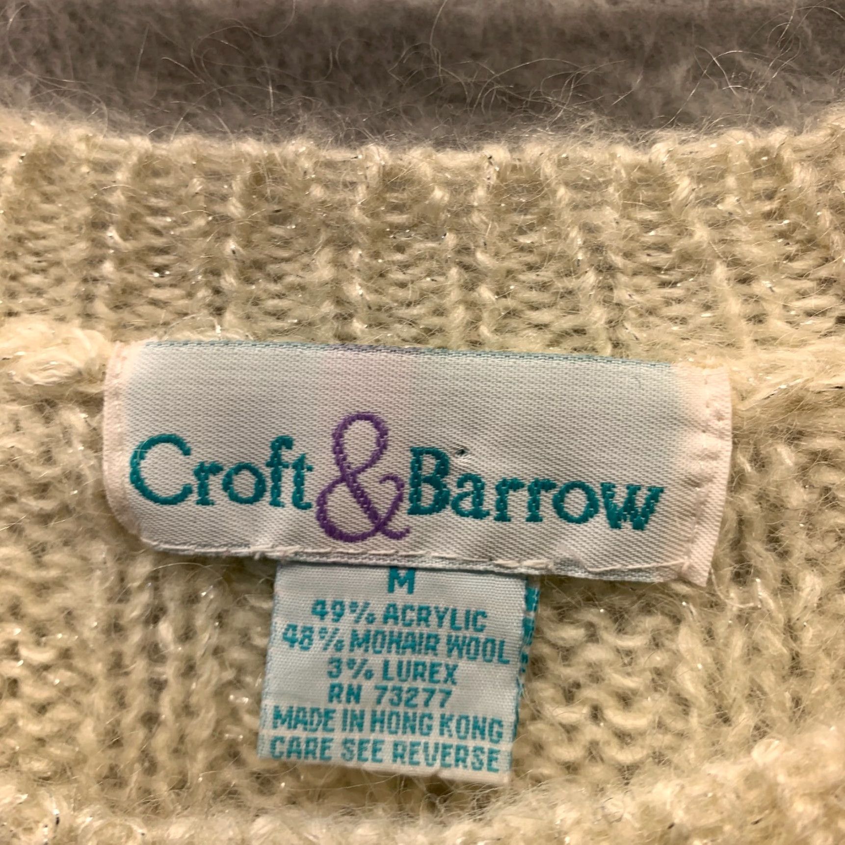 Barrow VINTAGE Croft & Barrow Sweater Womens Medium Ivory Mohair Cable Knit Crew Neck Cardigan 80s Women Size M / US 6-8 / IT 42-44 - 5 Thumbnail