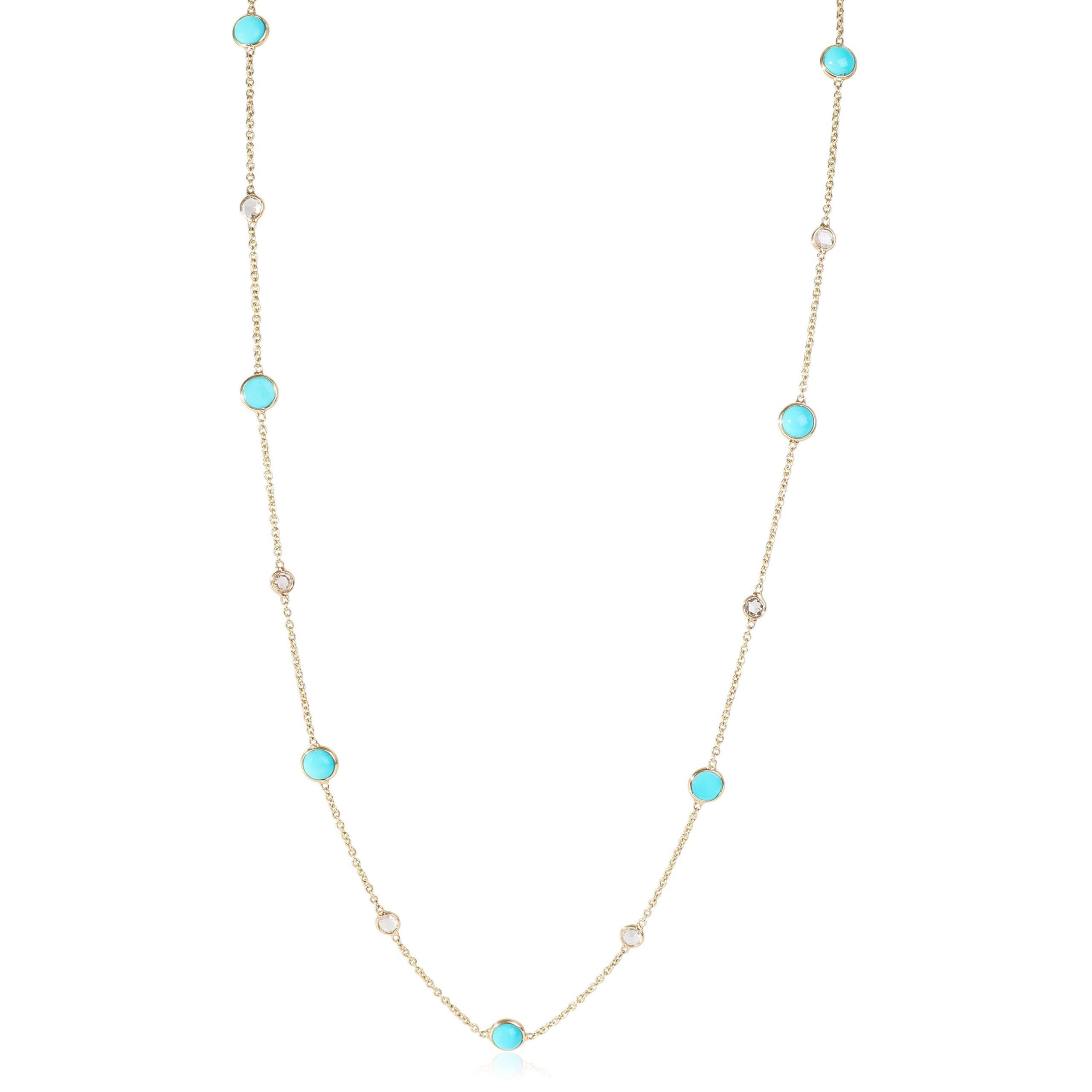 Turquoise &. Rose Cut Diamond Station Necklace 18k Yellow Gold 0.09 CTW