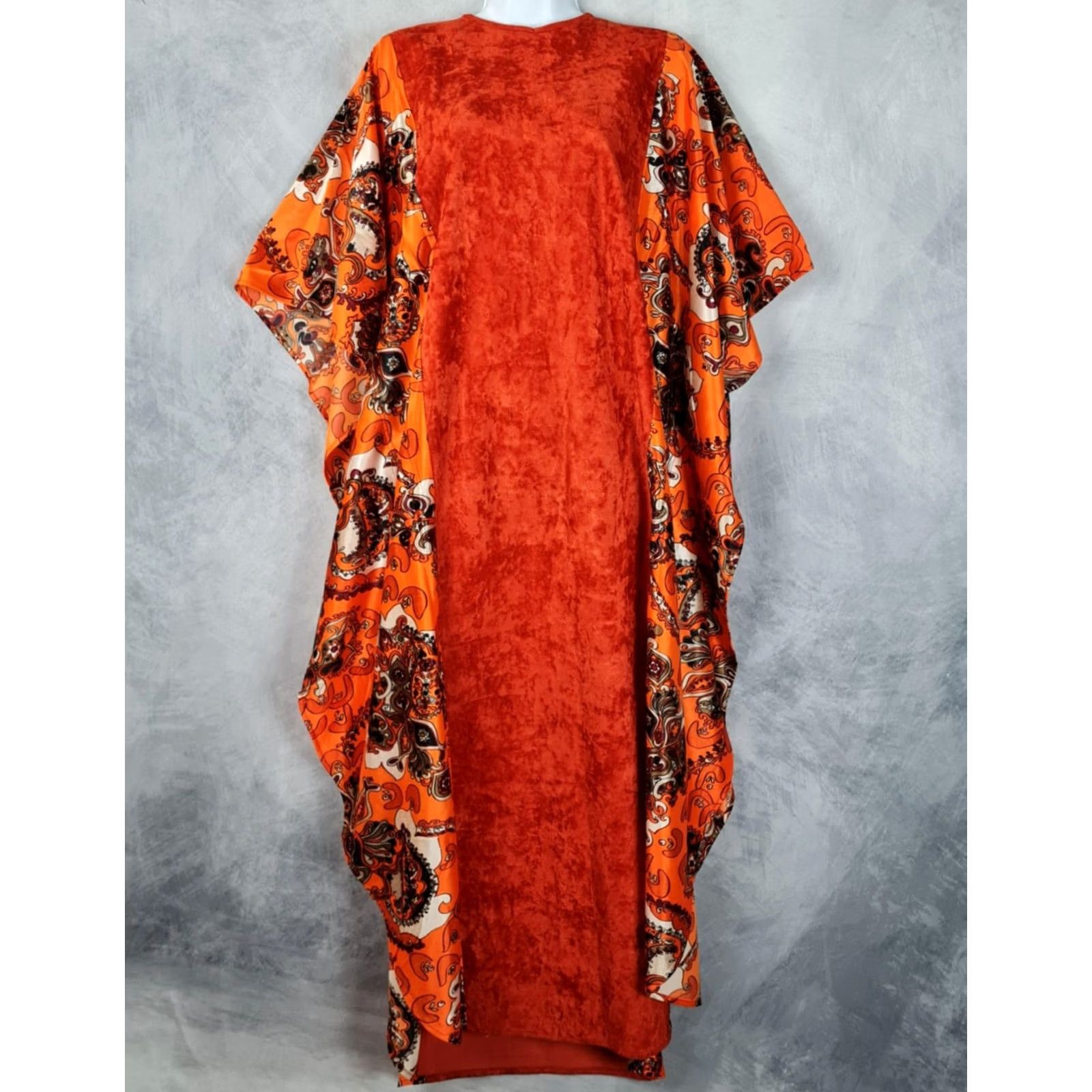 Velvet VINTAGE Maeko's Kaftan Dress Womens One Size Orange Velvet Paisley Maxi 70s Size ONE SIZE - 2 Thumbnail