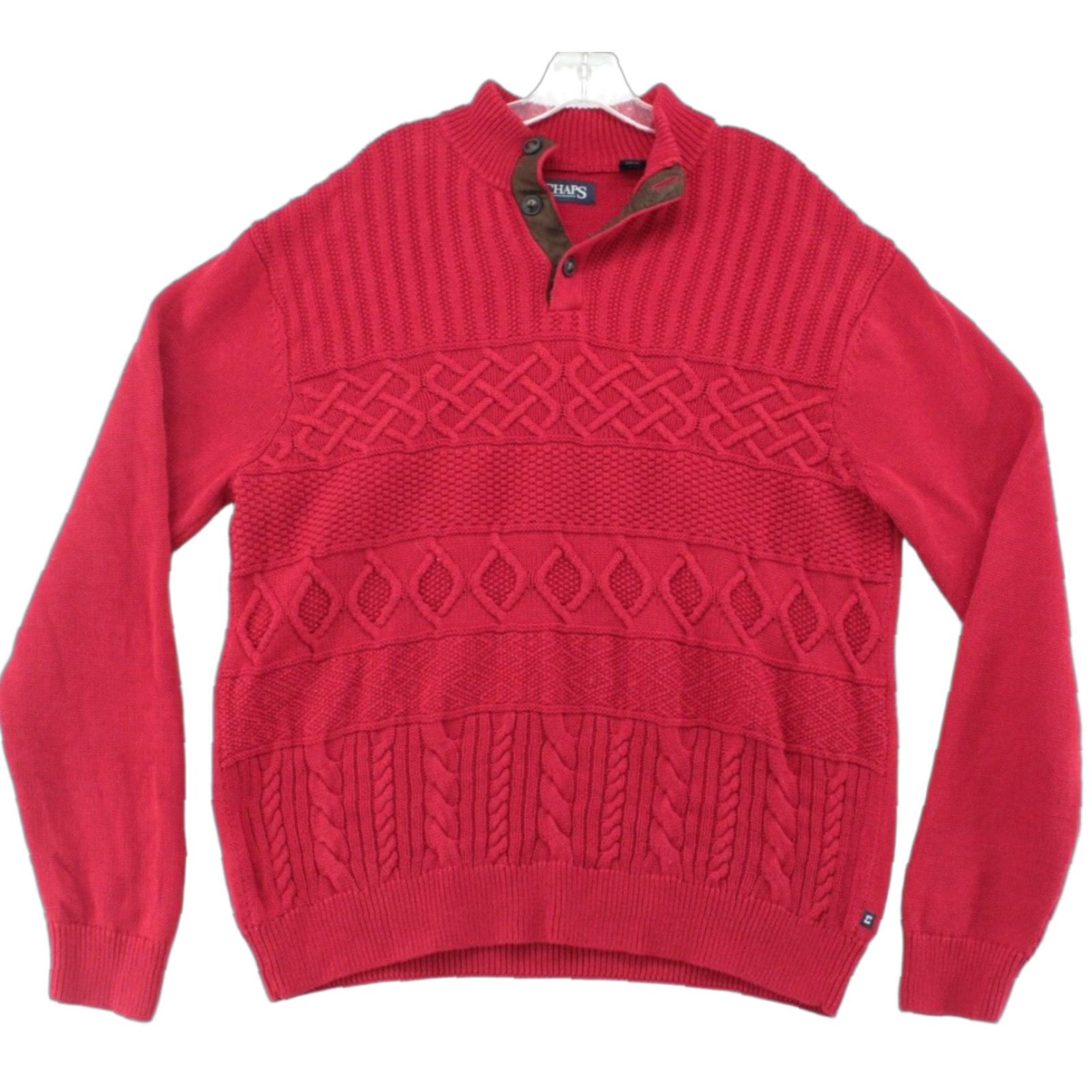 Chaps Chaps Sweater Mens XL Red Cable Knit Button Mock Neck Preppy Cabincore Christmas 90s Size US XL / EU 56 / 4 - 1 Thumbnail